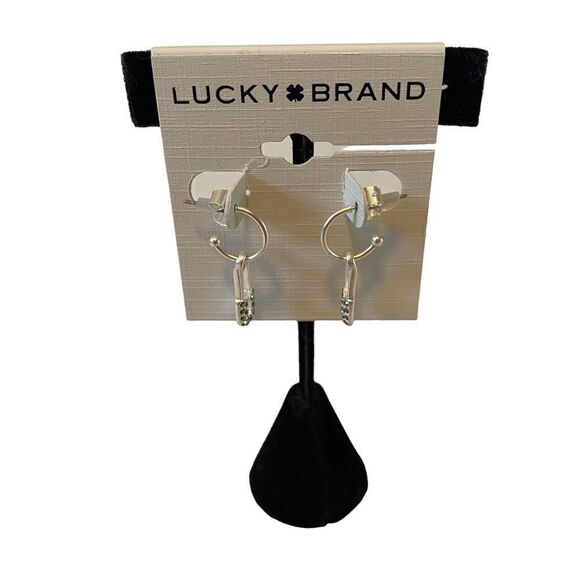 Lucky Brand Matte Silver & Pave Crystal Mini Safety Pin Charm Earrings. - Picture 1 of 6